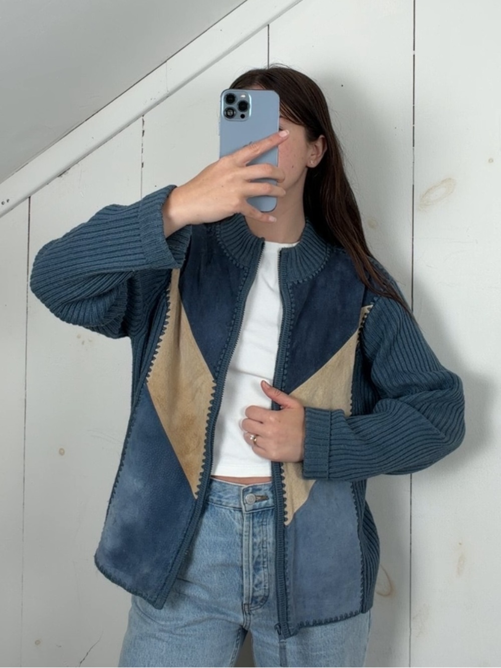 Vintage Blue Suede Leather Colorblock Zip Up Cardigan Sweater Jacket Women’s L